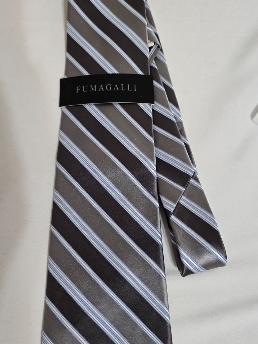 NEW with Tags: Fumagalli Tie, Silk/Cotton blend, Grey with Blue stripes